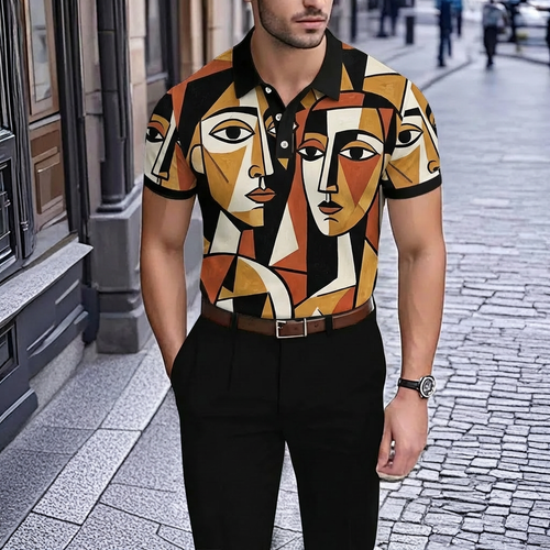 Men's Retro Brown Character Print Short-Sleeve Polo Shirt