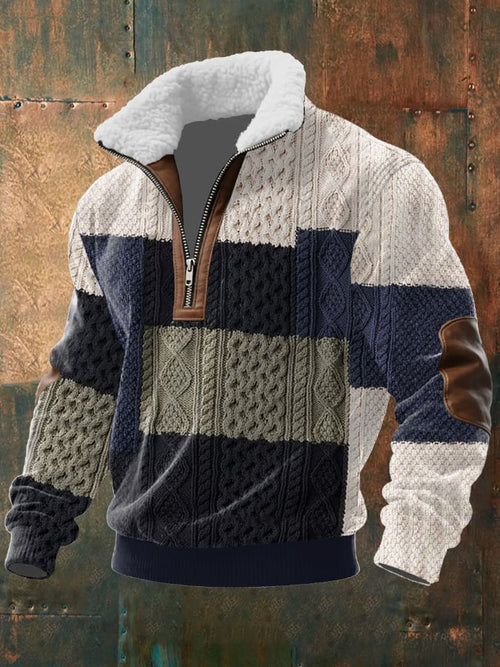 Men's Retro Western Texture Print Knit Fabric Zipper Fur Collar Long Sleeve Sweatshirt