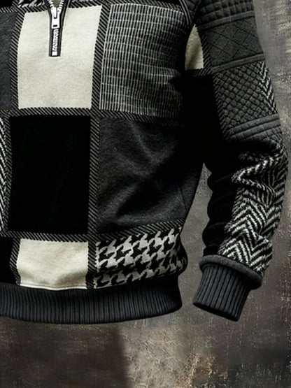 Men's Retro Textured Printed Sweatshirt with Fur Collar