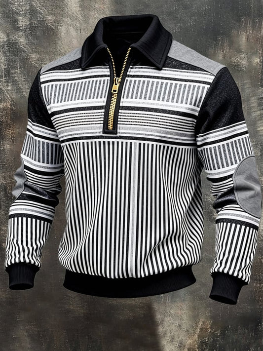 Men's Retro Color Block Print Zipper Sweatshirt