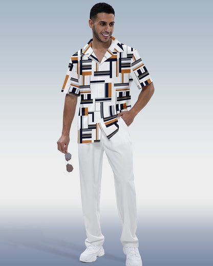 Rianmond Men's Color Block Print Short Sleeve Shirt Walking Set 2 Color 474