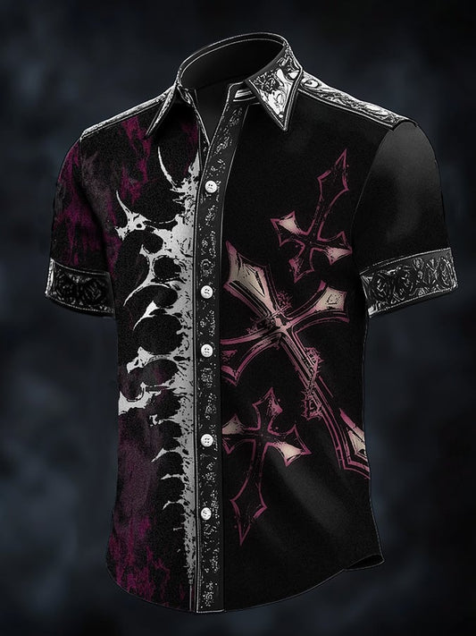 Men's Casual Dark Skull Art Satin Shirt