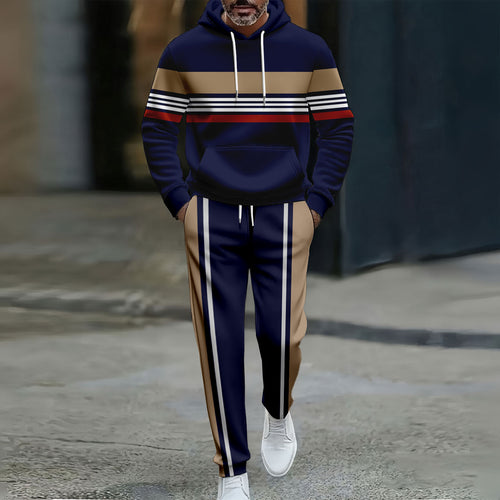 Men's Casual Navy Blue & Brown Color Matching Striped Printed Hooded Long Sleeved Trousers Two-Piece Set