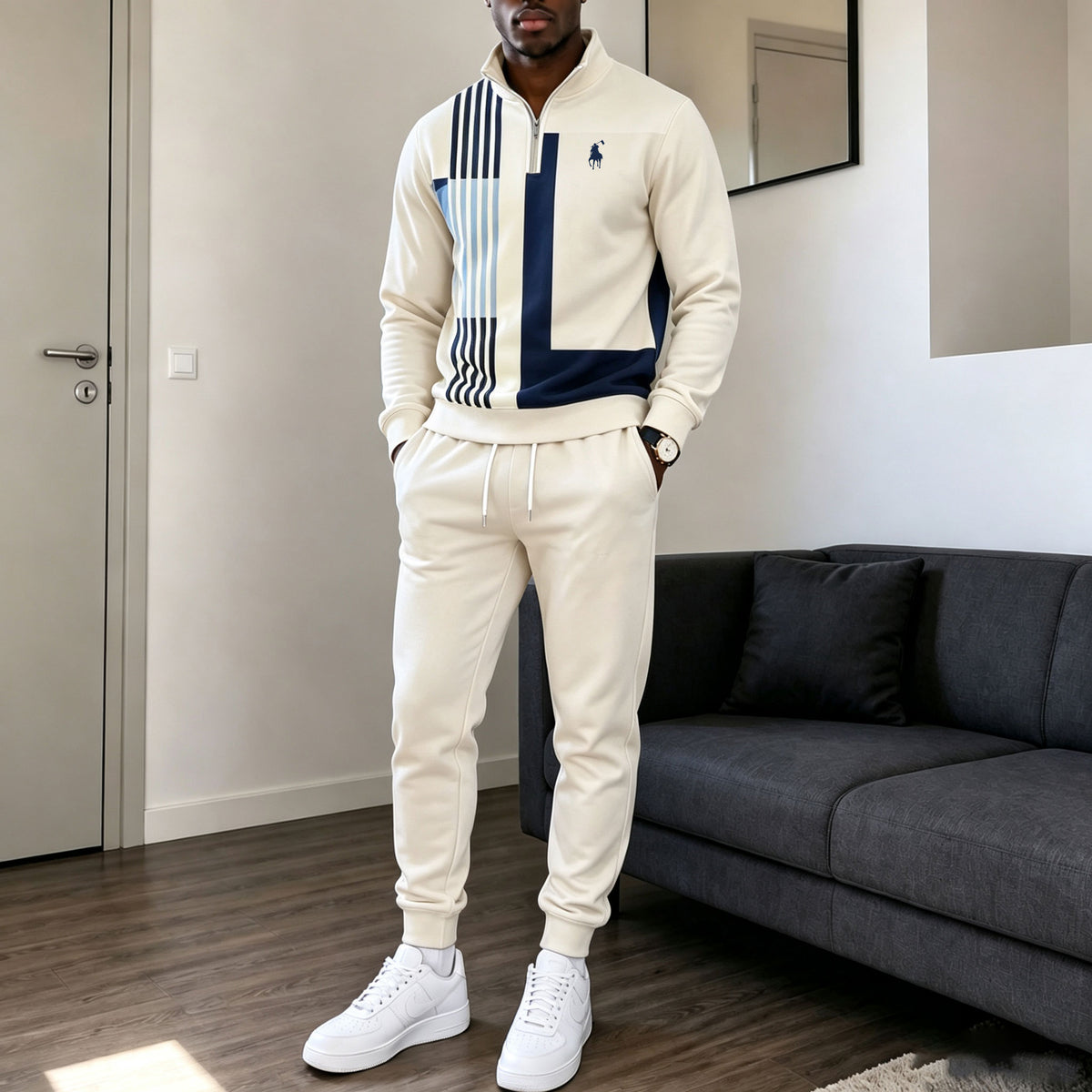 Men's Printed Zipper Stand-Up Collar Sweatshirt and Sweatpants Set