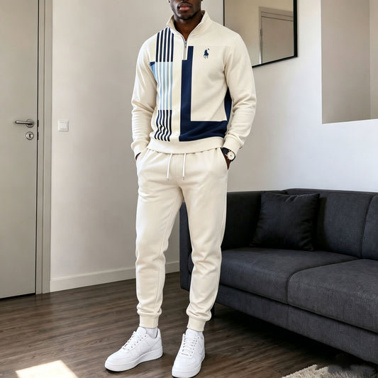 Men's Printed Zipper Stand-Up Collar Sweatshirt and Sweatpants Set