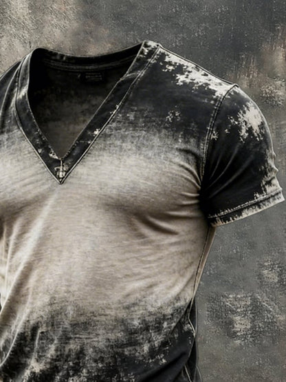 Men's Retro Distressed Color Block V-Neck Short-Sleeve Top