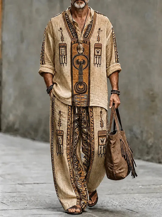 Men's Retro Ethnic Tribal Resort Style Print Half Button Long Sleeve Shirt Pants 2pcs Set