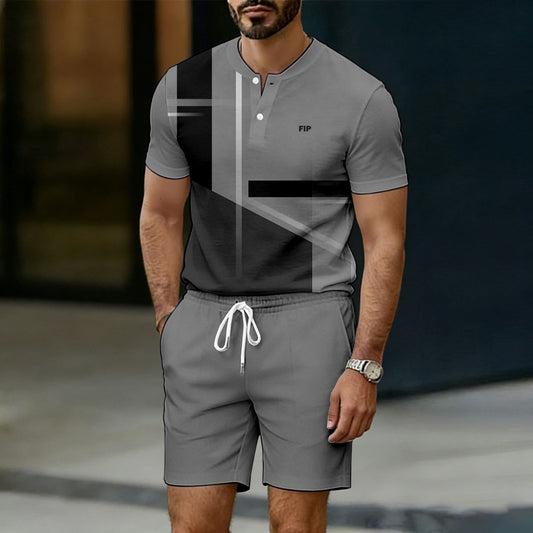 Men's Casual Gray Geometry Printed Crew Neck Button-Up Short-Sleeve T-Shirt And Shorts Two-Piece Set