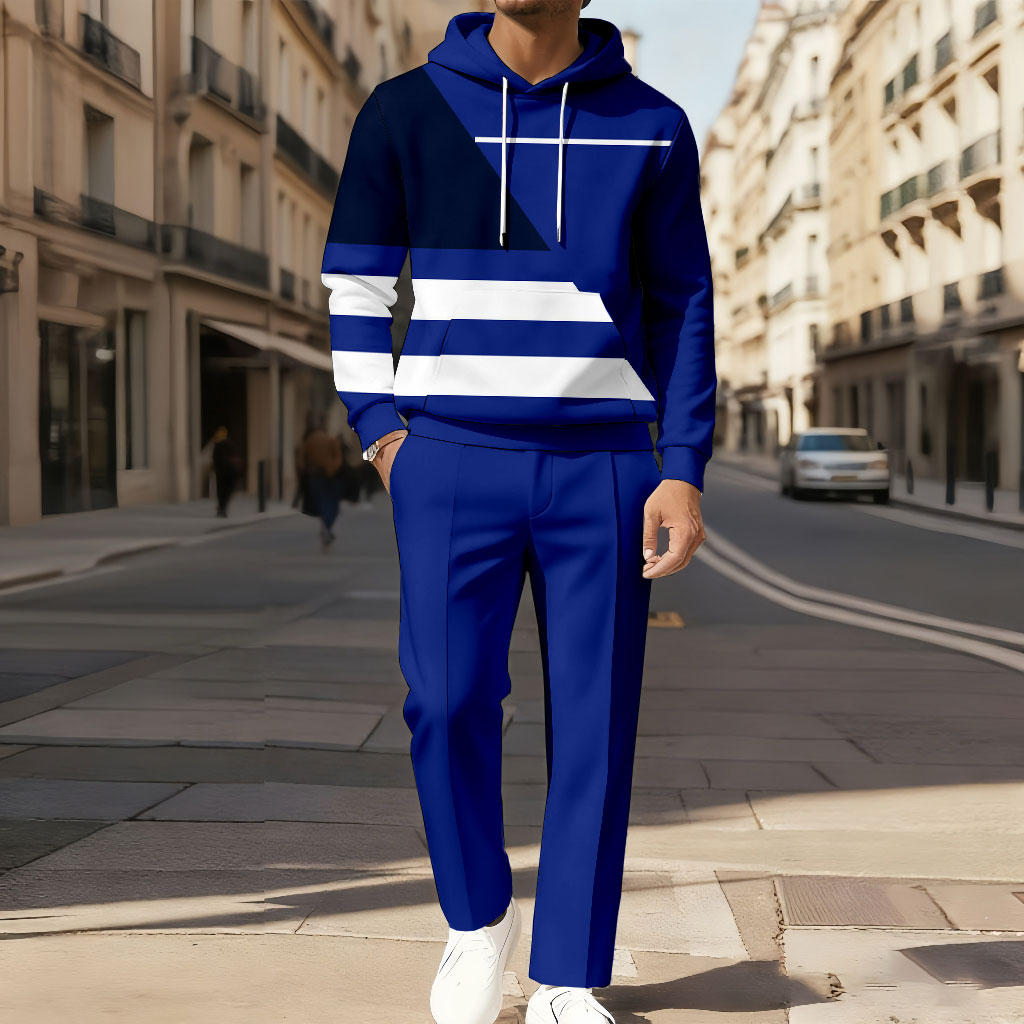 Men's Casual Color Matching Printed Long-Sleeve Hoodies Sweatshirt & Trousers Two-Piece Set
