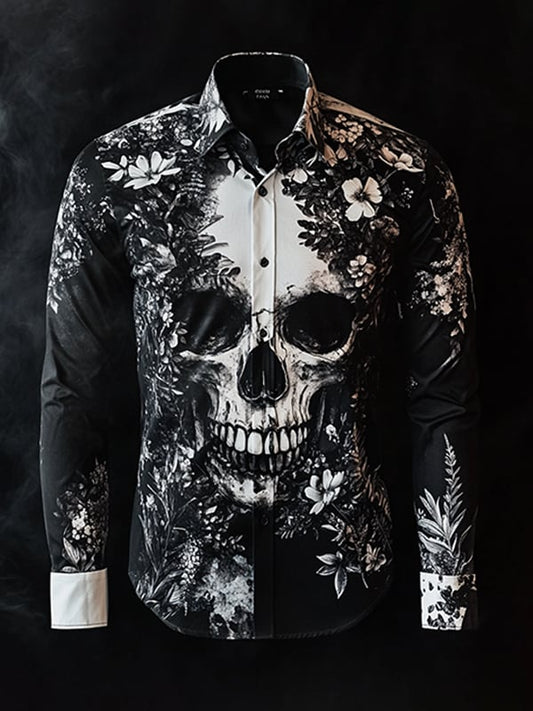 Men's Outdoor Vintage Skull and Floral Long Sleeve Shirt