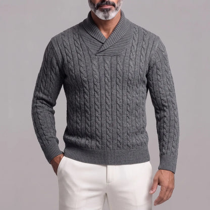 Men's Solid Color Cable Knit Shawl Collar Slim Fit Pullover Sweater