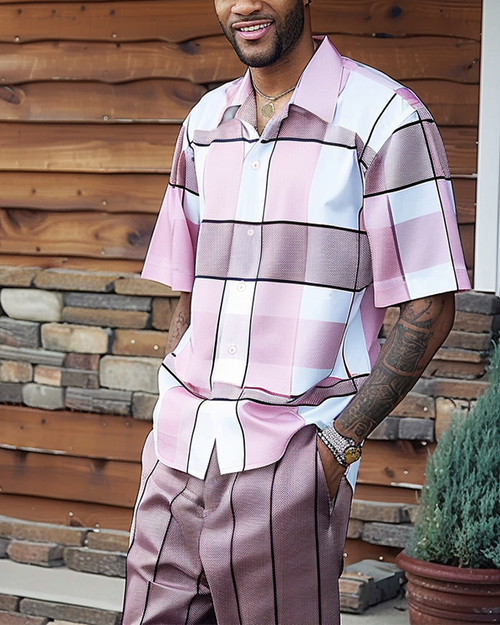 Men's Textured Short Sleeve Printed Two-Piece Walking Pants Set 023