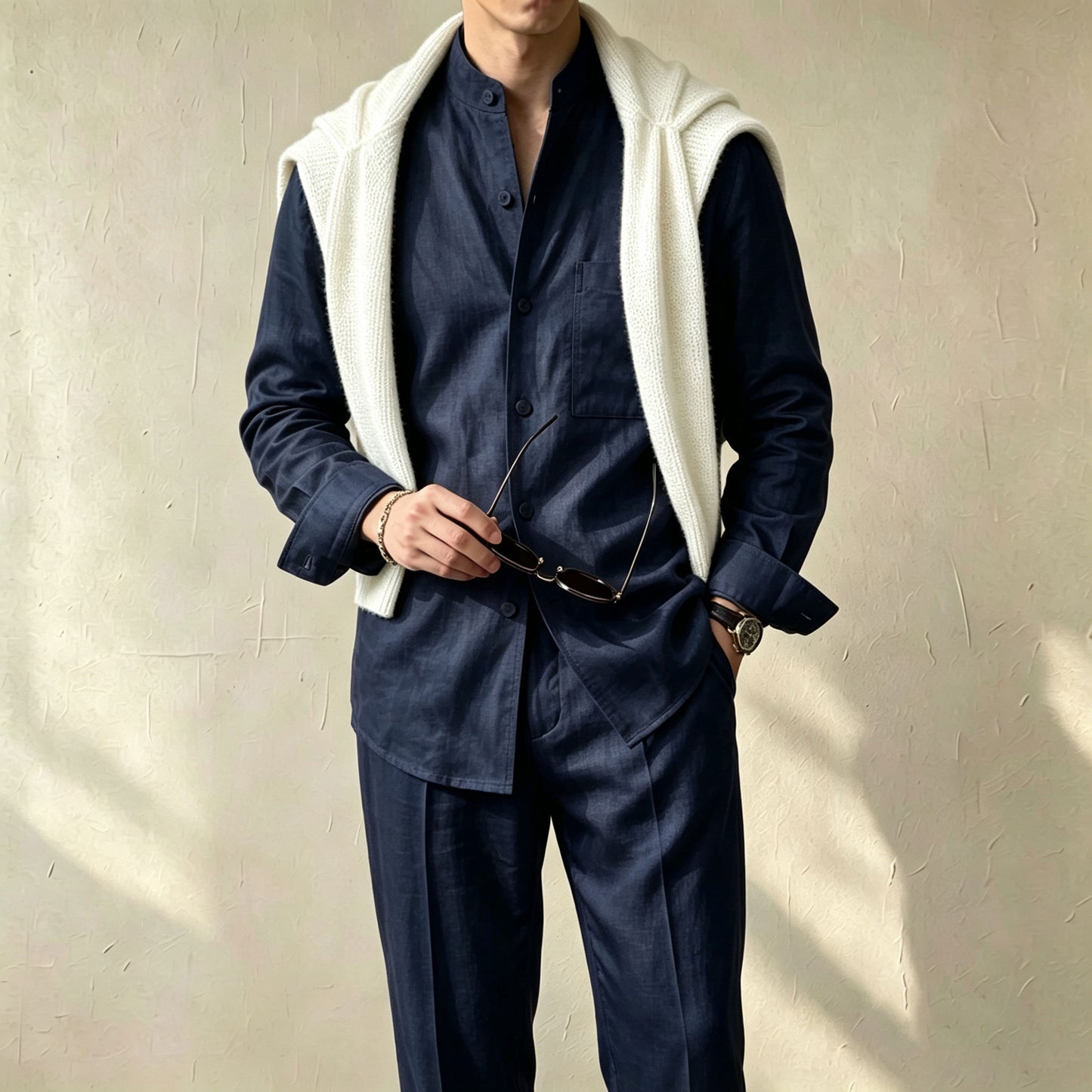 Men's Casual Solid-Color Printed Stand-Collar Long-Sleeve Shirt and Pants Two-Piece Set