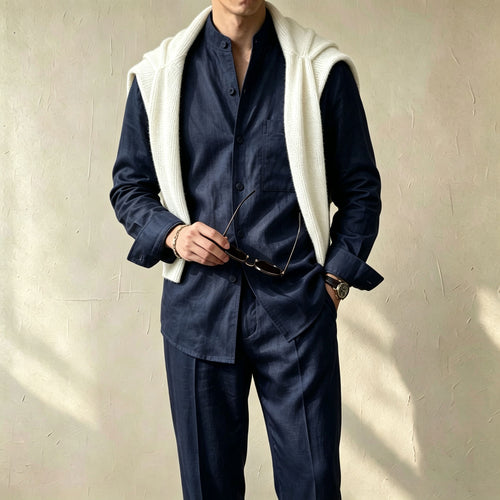 Men's Casual Solid-Color Printed Stand-Collar Long-Sleeve Shirt and Pants Two-Piece Set