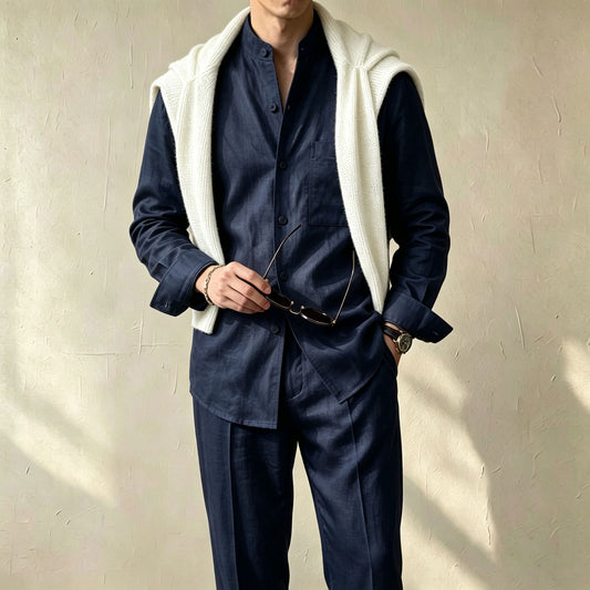 Men's Casual Solid-Color Printed Stand-Collar Long-Sleeve Shirt and Pants Two-Piece Set