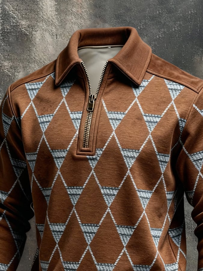 Men's Retro Color Block Print Color-Blocked Zip-Up Sweatshirt