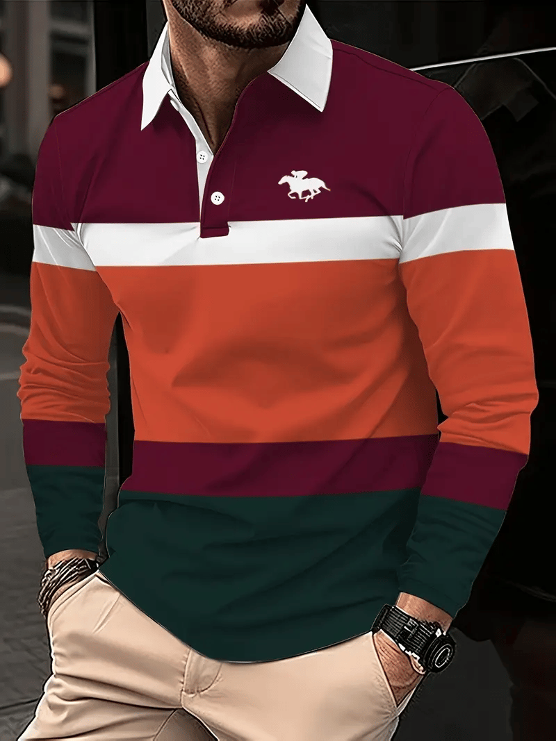 Men's Retro Business Stripe Print Long Sleeve Polo Shirt