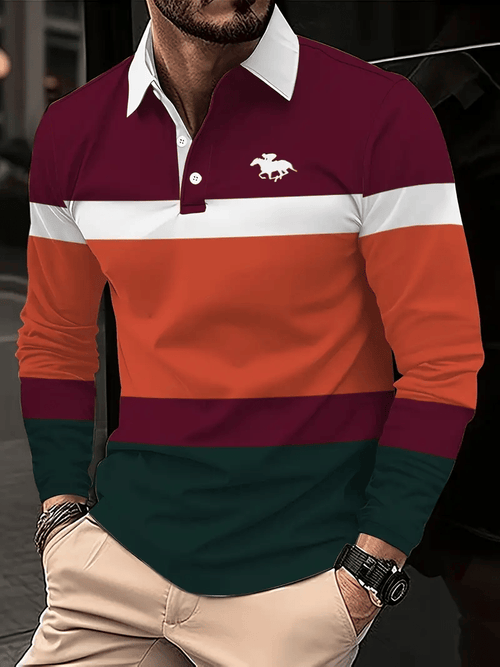 Men's Retro Business Stripe Print Long Sleeve Polo Shirt