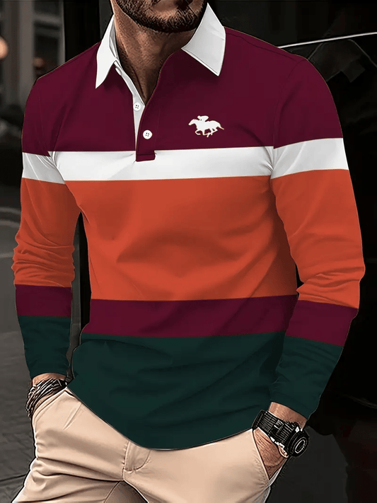 Men's Retro Business Stripe Print Long Sleeve Polo Shirt