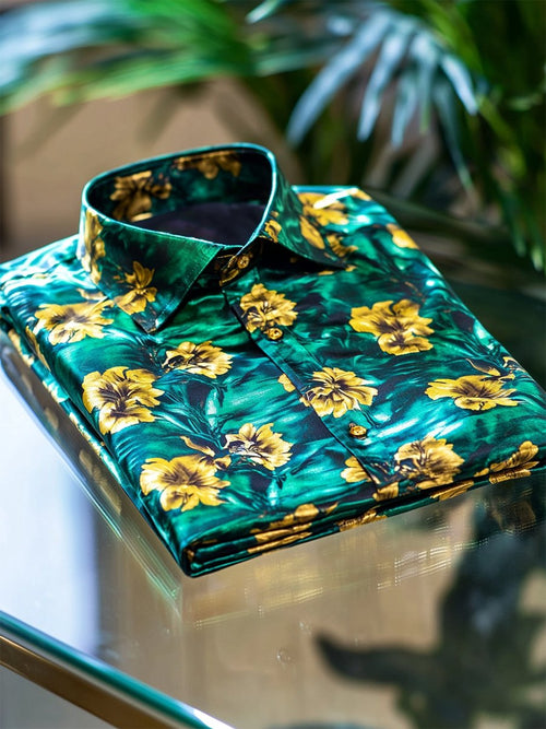 Men's Satin Luxe Hawaiian Print Short Sleeve Button Shirt
