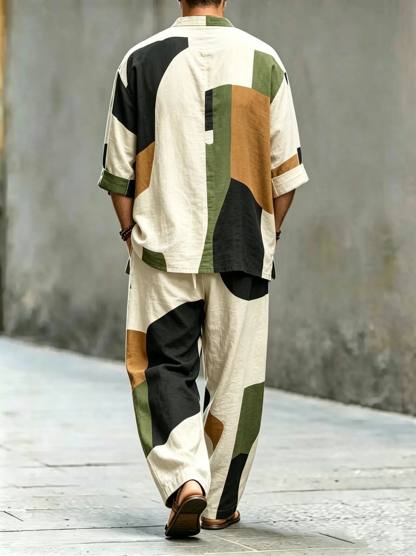Men's Vintage Abstract Art Printed Cotton Shirt Set (Top & Pants)