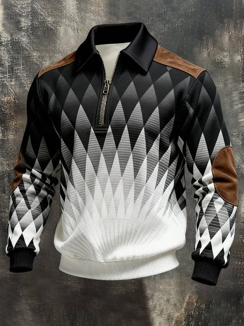 Men's Retro Color Block Print Color-Blocked Zip-Up Sweatshirt