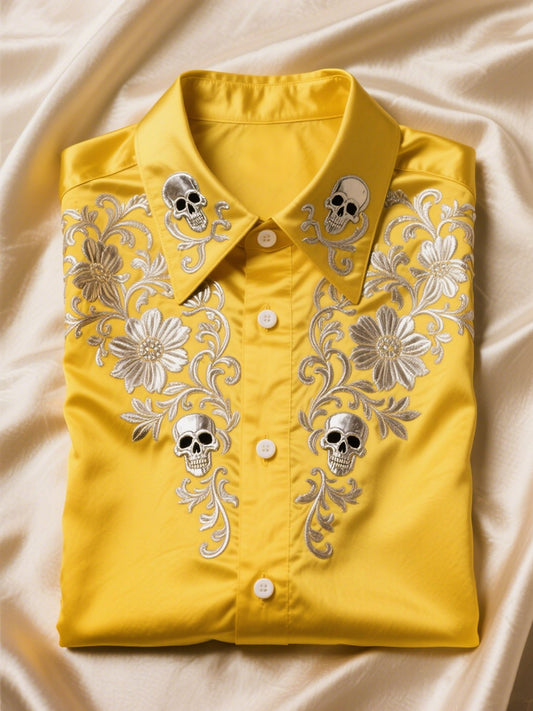 Men's Satin Luxury Business Skull Short Sleeve Button Shirt