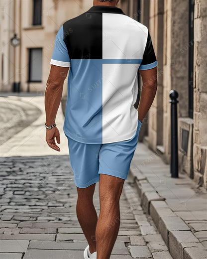 Men's Color Blocked Summer Polo Shorts Set 017