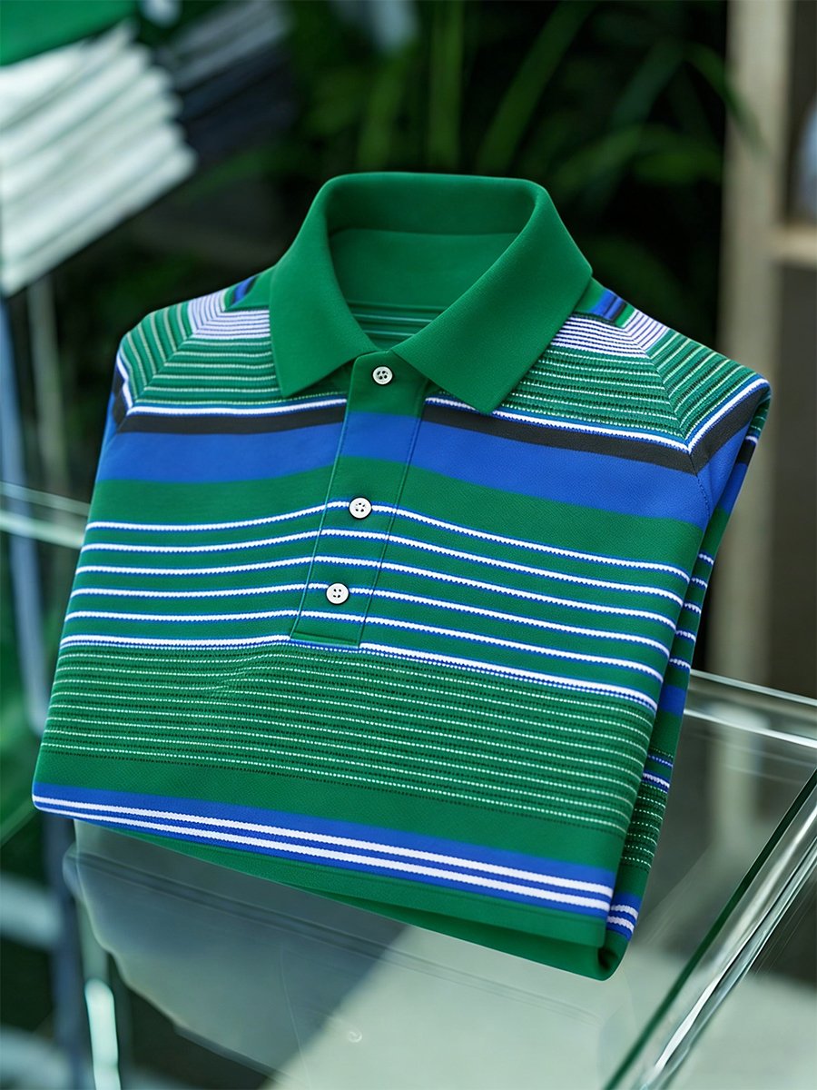 Men's Vintage Business Striped Long Sleeve Polo Shirt