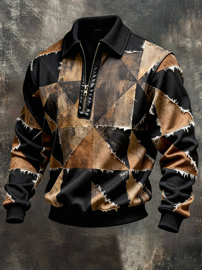 Men's Vintage Color-Block Printed Zip-Up Hoodie