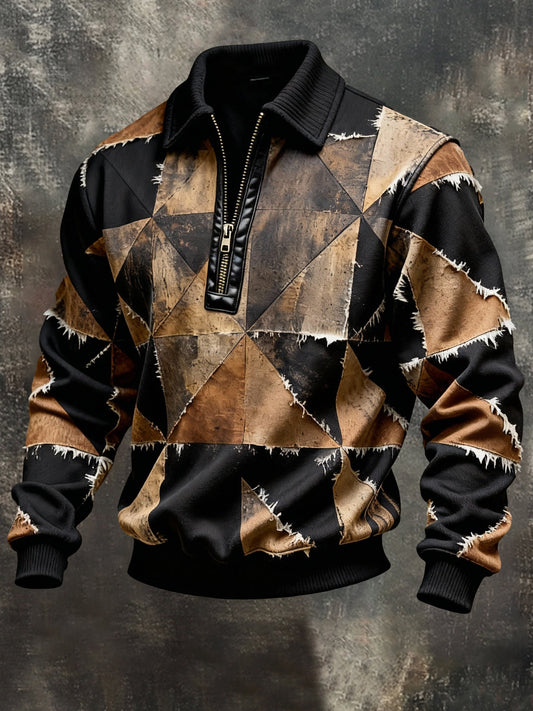 Men's Vintage Color-Block Printed Zip-Up Hoodie