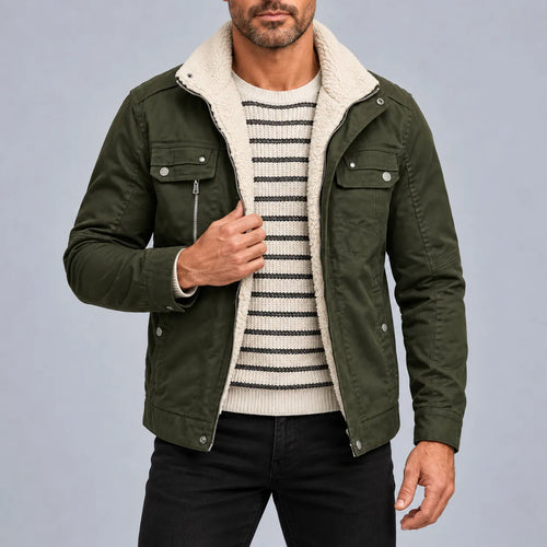 Men's Army Green Turndown Collar Multi-Pocket Sherpa Lined Zipper Jacket