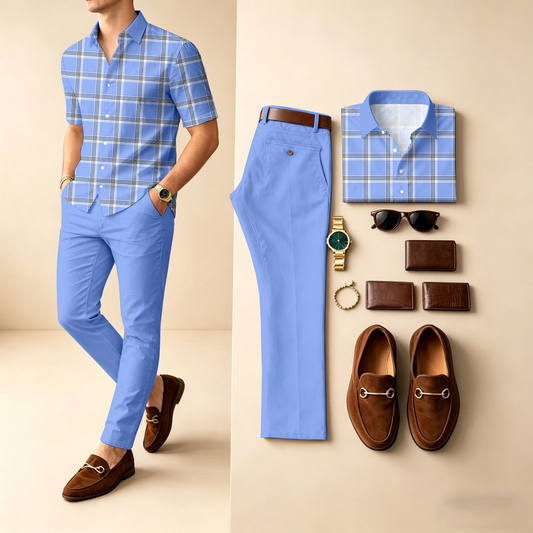Men's Casual Blue Plaid Printed Polo Shirt And Pants Two-Piece Set