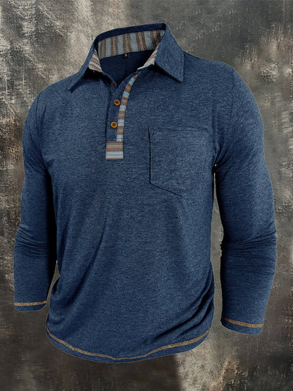 Men's Vintage Color-Block Long-Sleeved Polo Shirt