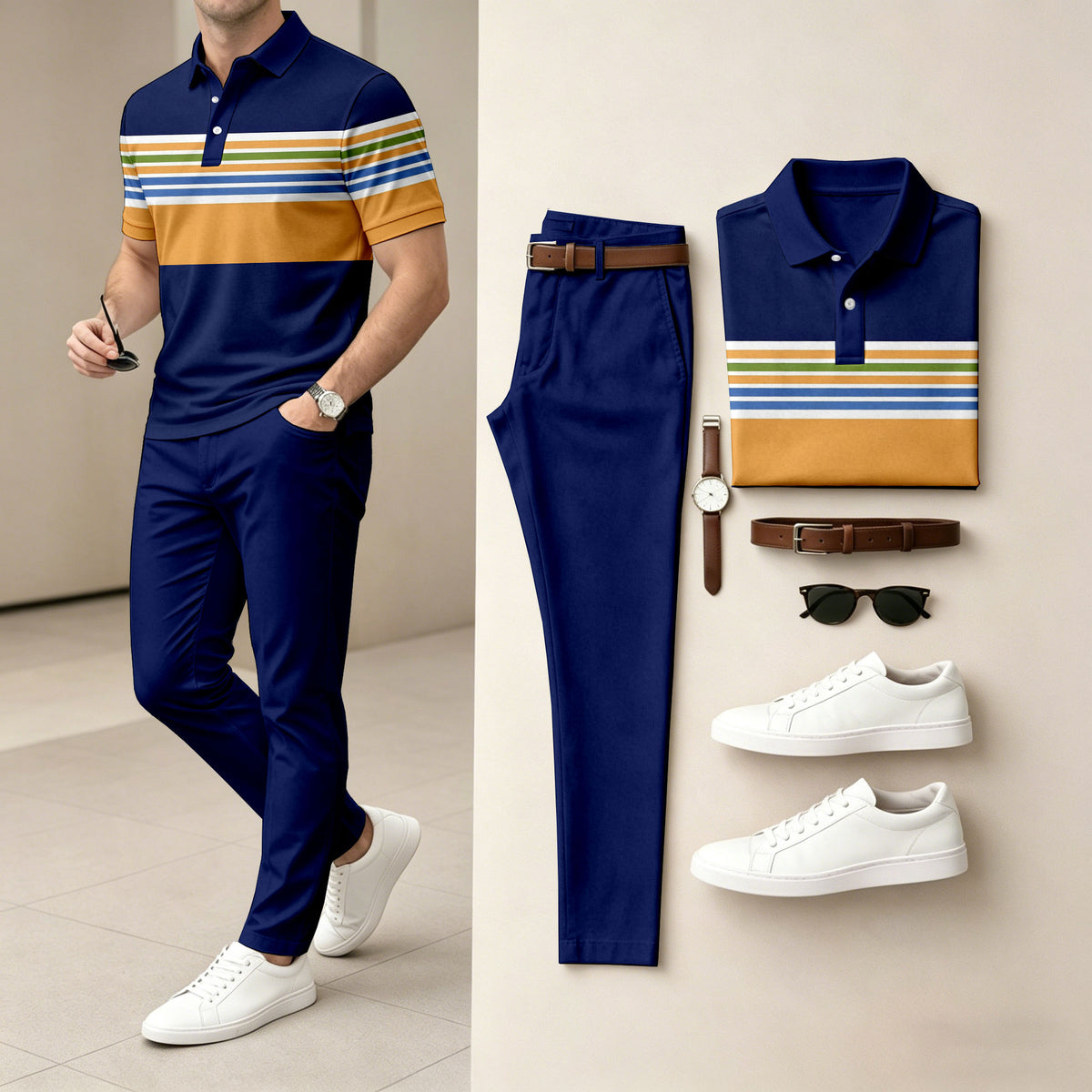Men's Short-Sleeve Polo Shirt with Gradient Print and Pants Set