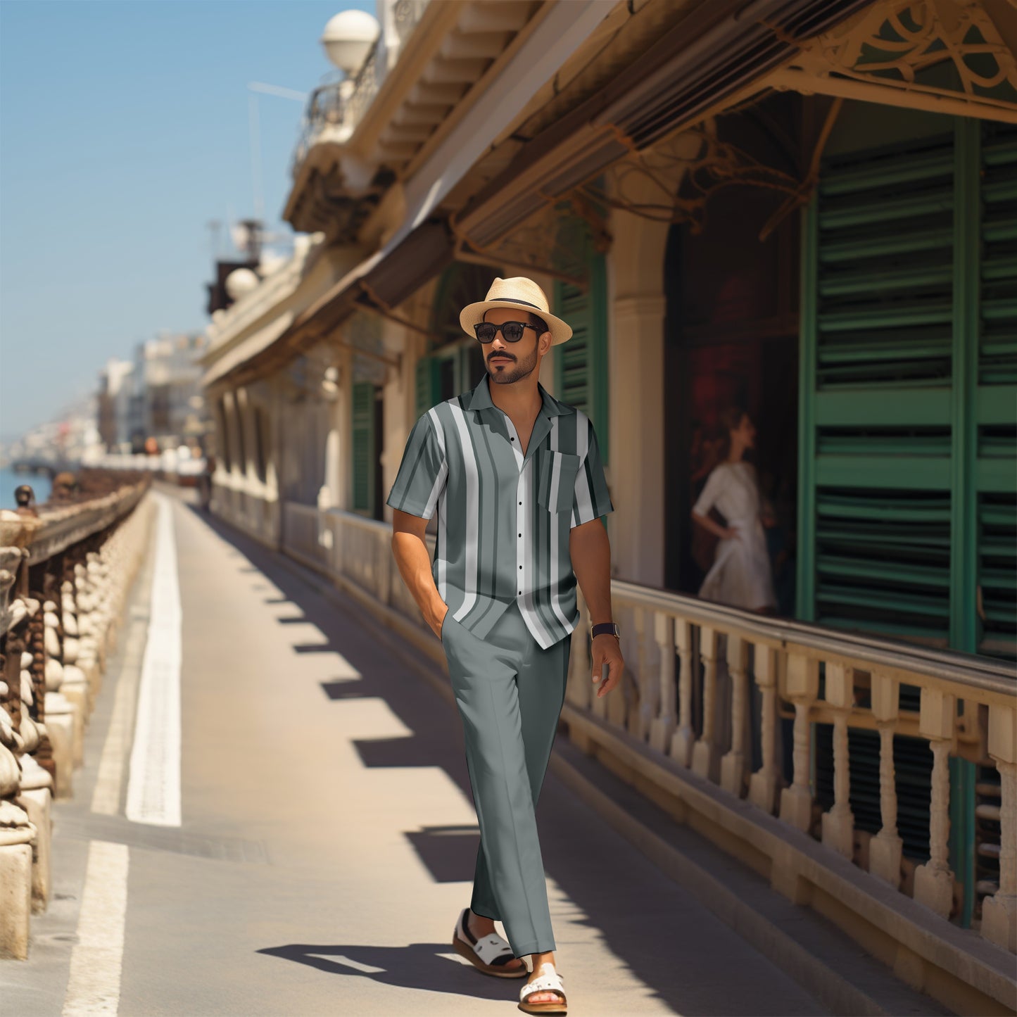 Men's retro colorblock short-sleeved shirt walking Suit 1697