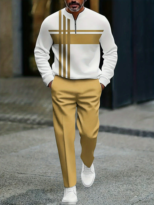 Men's Casual Yellow & White Color Matching Striped Printed Round-Neck Zipper Long Sleeved Trousers Two-Piece Set