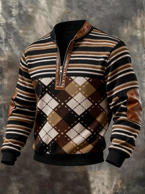 Men'S Casual Retro Contrast Color Half Zip Stand Collar Long Sleeve Sweatshirt