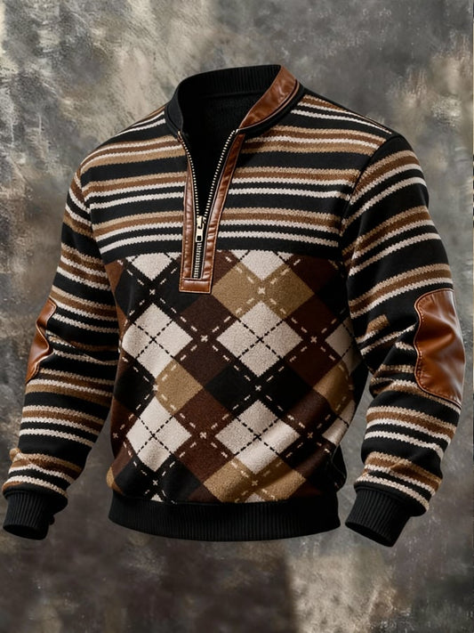 Men'S Casual Retro Contrast Color Half Zip Stand Collar Long Sleeve Sweatshirt