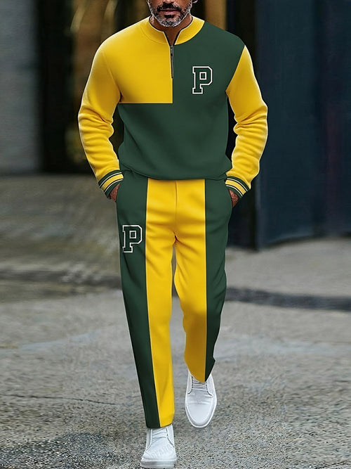Men's Casual Green & Yellow Color Matching Geometric Printed Round-Neck Zipper Long Sleeved Sweatshirt & Trousers Two-Piece Set