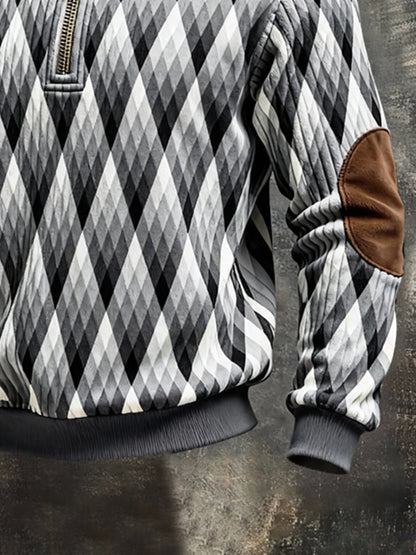 Men's Retro Color Block Print Color-Blocked Zip-Up Sweatshirt