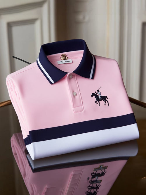 Men's Classic Business Check Logo Button Short Sleeve Polo Shirt