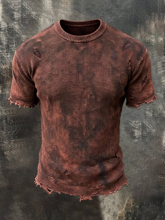 Men's Retro Washed Distressed Ripped Knit Short-Sleeve T-Shirt