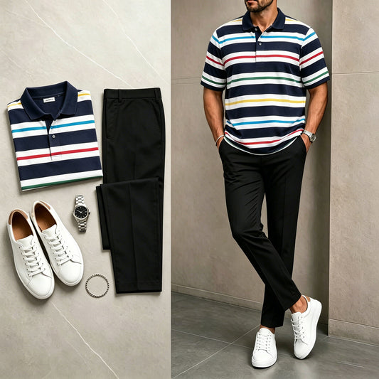 Men's Casual Black Stripes Printed Polo Shirt And Pants Two-Piece Set