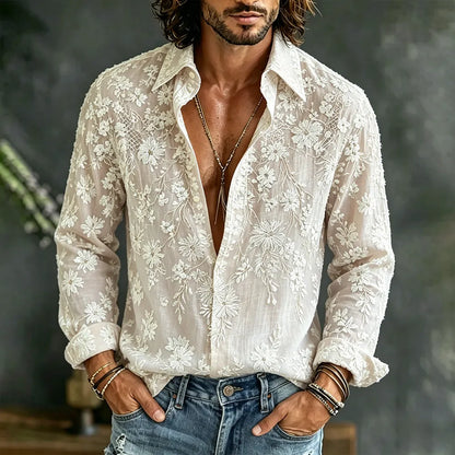 Men's Vintage White Floral Art Blend Cotton Linen Casual Long Sleeve Shirt