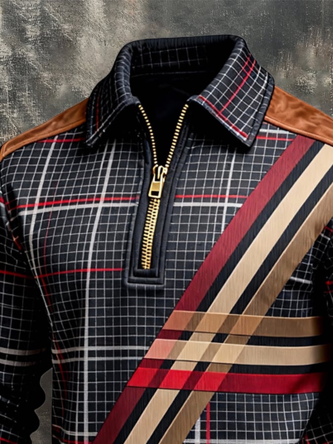 Men's Retro Color Block Print Zipper Sweatshirt