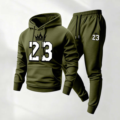 Men's Retro Basketball 23 King Patterned Hoodie And Drawstring Track Pants Set, Men's Casual Athletic Long-Sleeved Hooded Jacket And Pants, Suitable For Fall And Winter, Street Style Hoodie Set, Everyday Wear, Indoor And Outdoor Sportswear