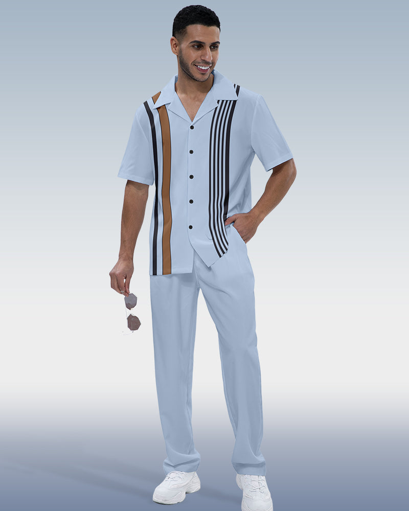 Suitmens Men's Simple Vertical Stripe Short Sleeve Shirt Walking Set 546