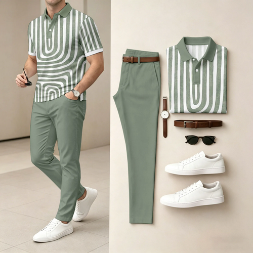 Men's Green & White Stripes Casual Printed Polo Shirt And Pants Two-Piece Set