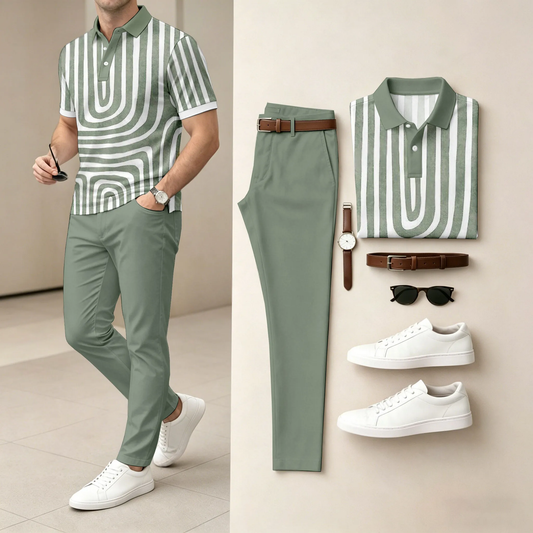 Men's Green & White Stripes Casual Printed Polo Shirt And Pants Two-Piece Set